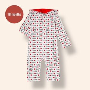 Love Print Hooded Romper | 18M | Gray & Red Long Sleeve Zip One-Piece Outfit